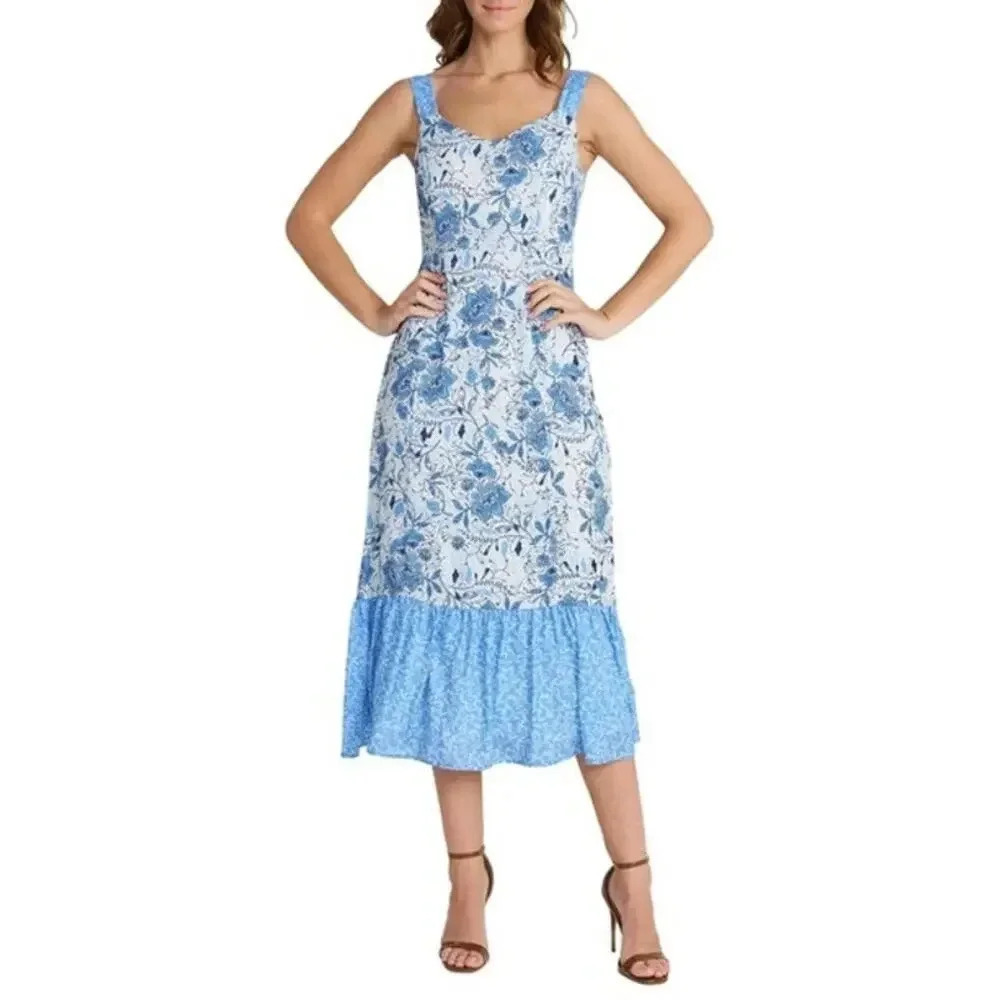 NWT Mila Mae‎ Blue White Dual Floral Print Flowy Ruffle Hem Sweetheart Neck SZ S